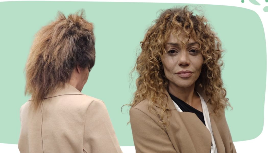 מהפך של שיקום שיער מתולתל: מצד שמאל שיער יבש ופגום, ומימין אותה אישה עם תלתלים בריאים ומלאי חיים