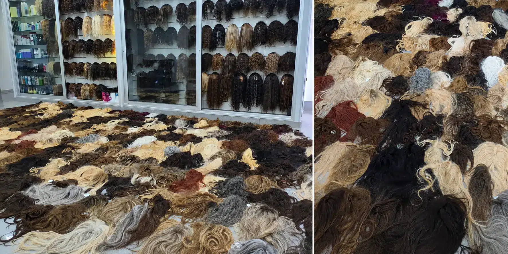 מבחר של מאות יחידות טופ משיער טבעי במהלך מיון המלאי בסטודיו מוטי רונאל
