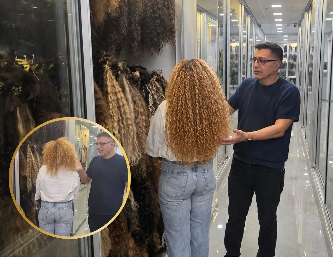 הדגמה מקיפה של "לפני ואחרי" תוספות שיער בסטודיו של מוטי רונאל. מוטי רונאל מציג בסיפוק לקוחה שעומדת בגבה למצלמה. השיער המרכזי שמוצג (התוצאה "אחרי") הוא ארוך, שופע ומלא תלתלים בגוון בלונדיני-דבש, המגיע עד למותניים. מוטי, המרכיב משקפיים, מחווה בידו לעבר השיער כדי להדגיש את המראה העשיר. בפינה השמאלית התחתונה, עיגול ממוסגר זהב מציג את אותה לקוחה (מאחור) עם שיערה "לפני" הטיפול, כשהוא קצר הרבה יותר (עד הכתפיים) ופחות מלא. ברקע נראים ויטרינות זכוכית ענקיים עמוסים בצרורות שיער טבעי מסוגים, גוונים וטקסטורות שונות (חלק, גלי, מתולתל), הממחישים את מגוון האפשרויות הגדול בסטודיו. הסטודיו מואר ובעל מראה מודרני.