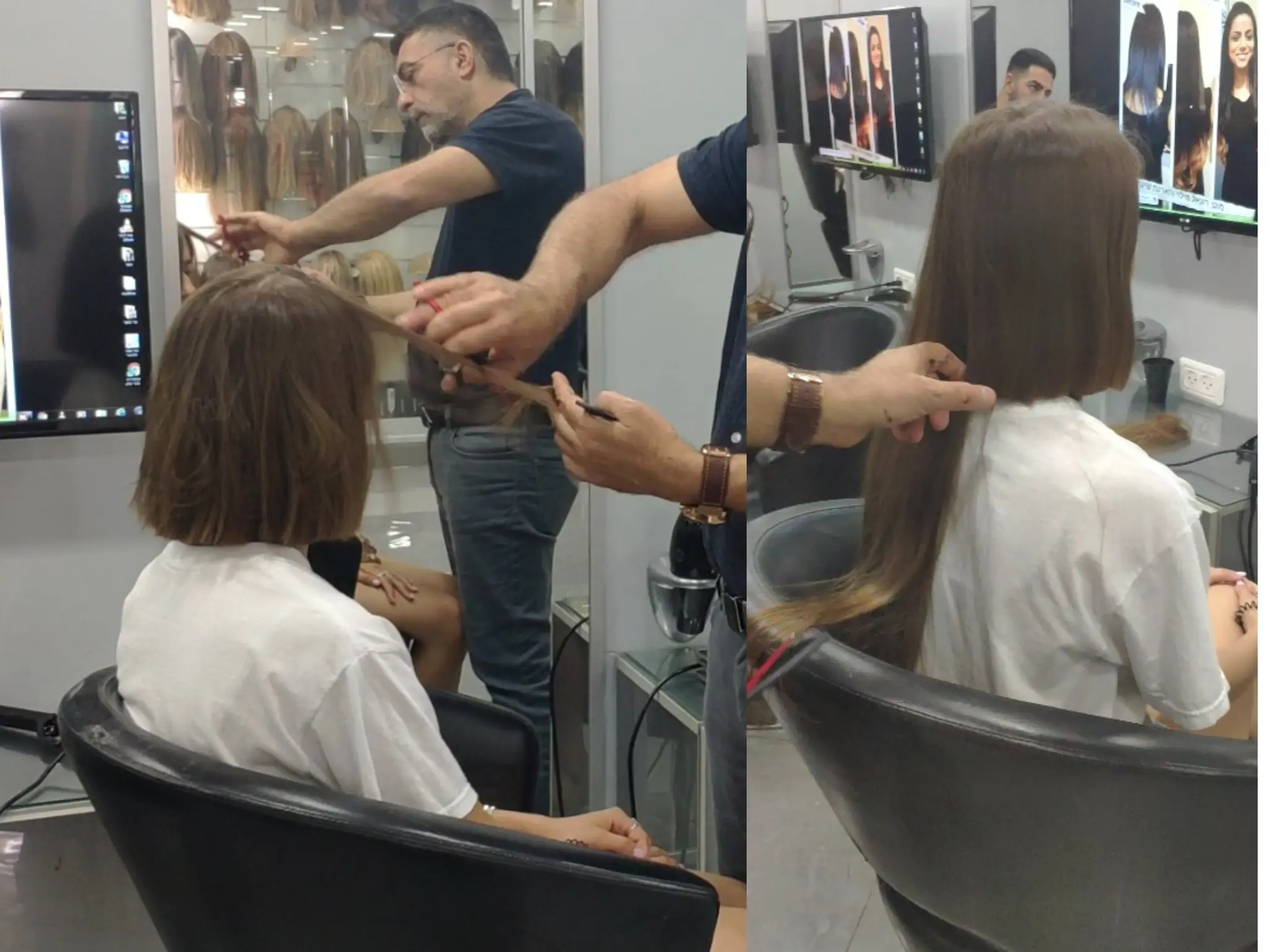 תהליך גזירת השיער של שירז בסטודיו מוטי רונאל לצורך שמירתו כצרור לתוספות שיער